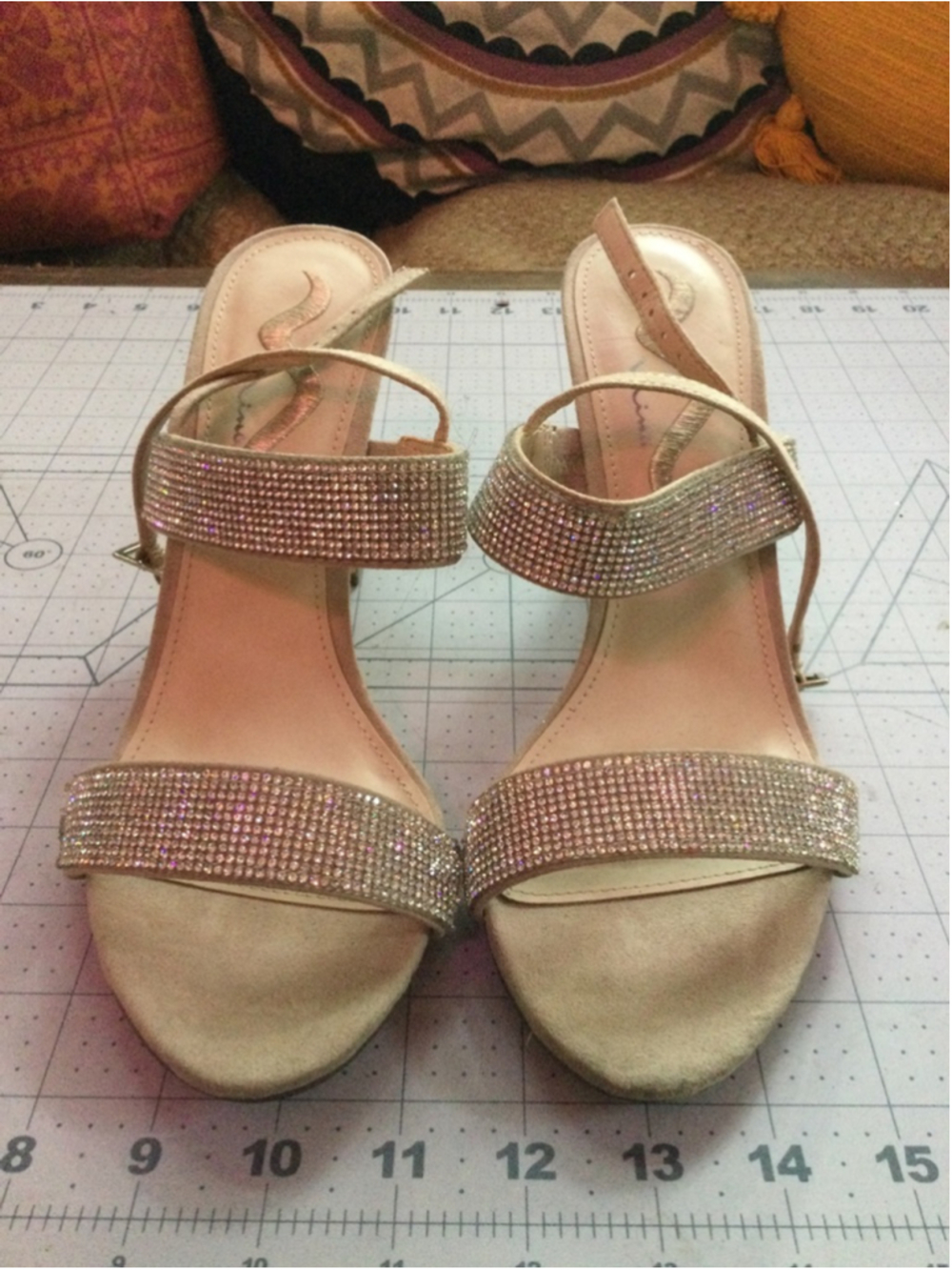 Women's Nina Beige Block Heel Sandals with Silver Rhinestones Size 10